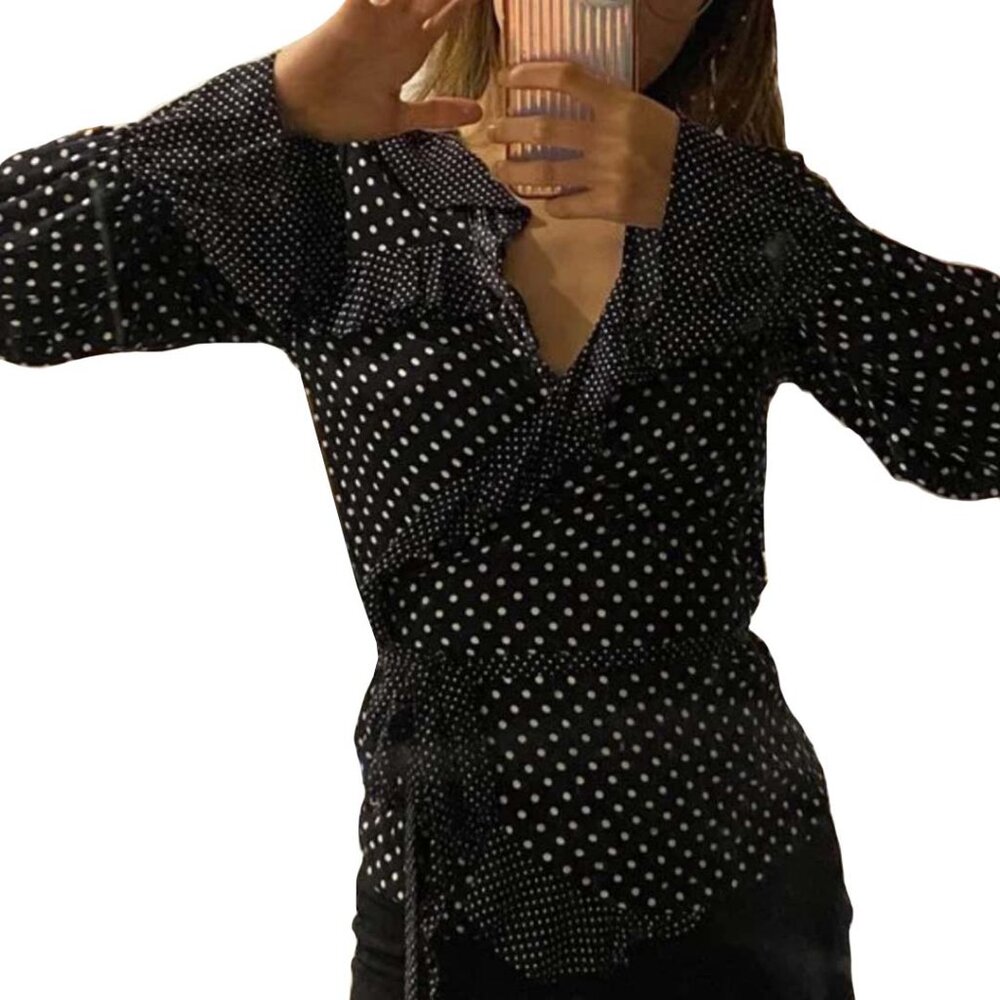 H&M Women's Black and White Polka Dot Wrap Top Size Small